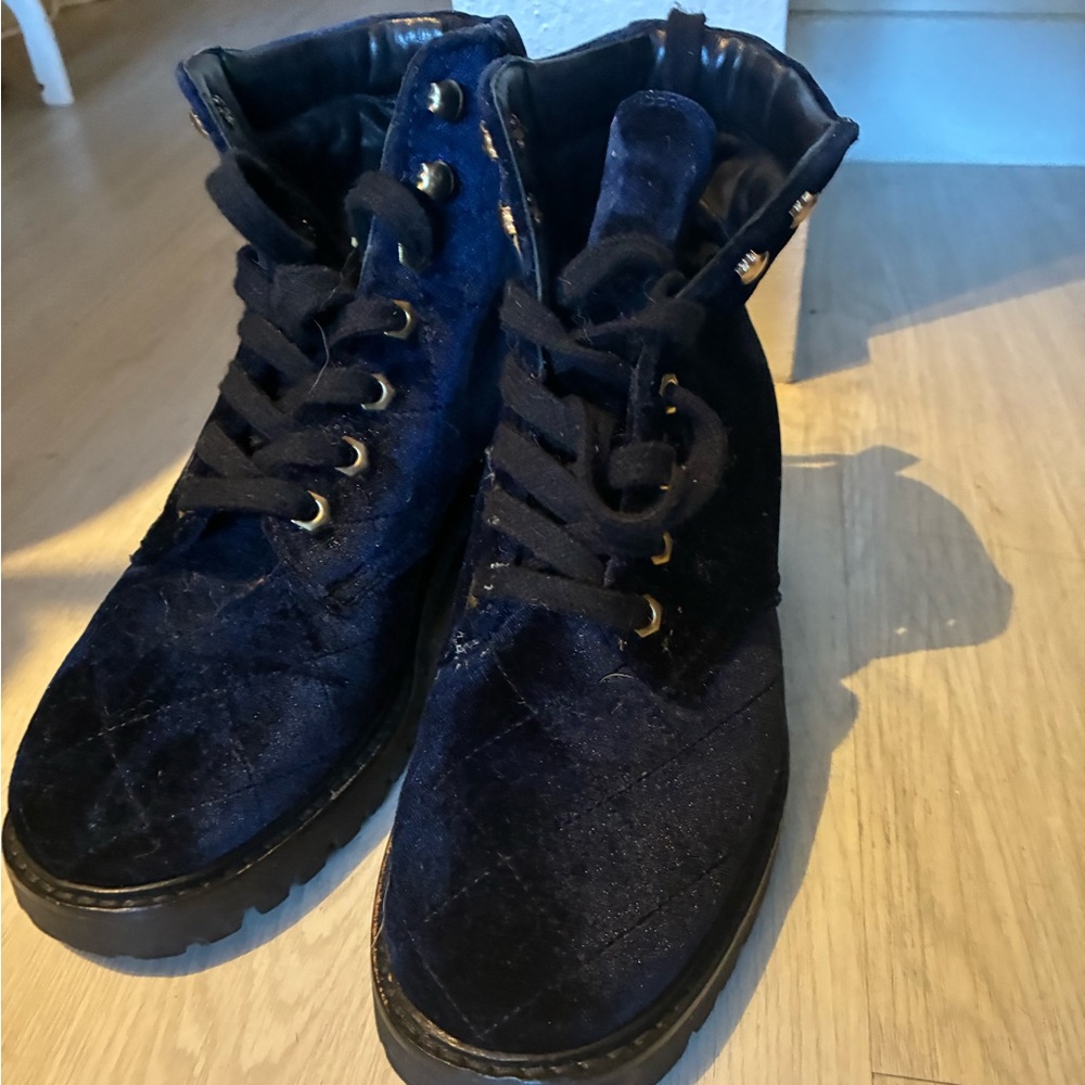 Sandro  Navy Velvet Lace-Up Ankle Boots